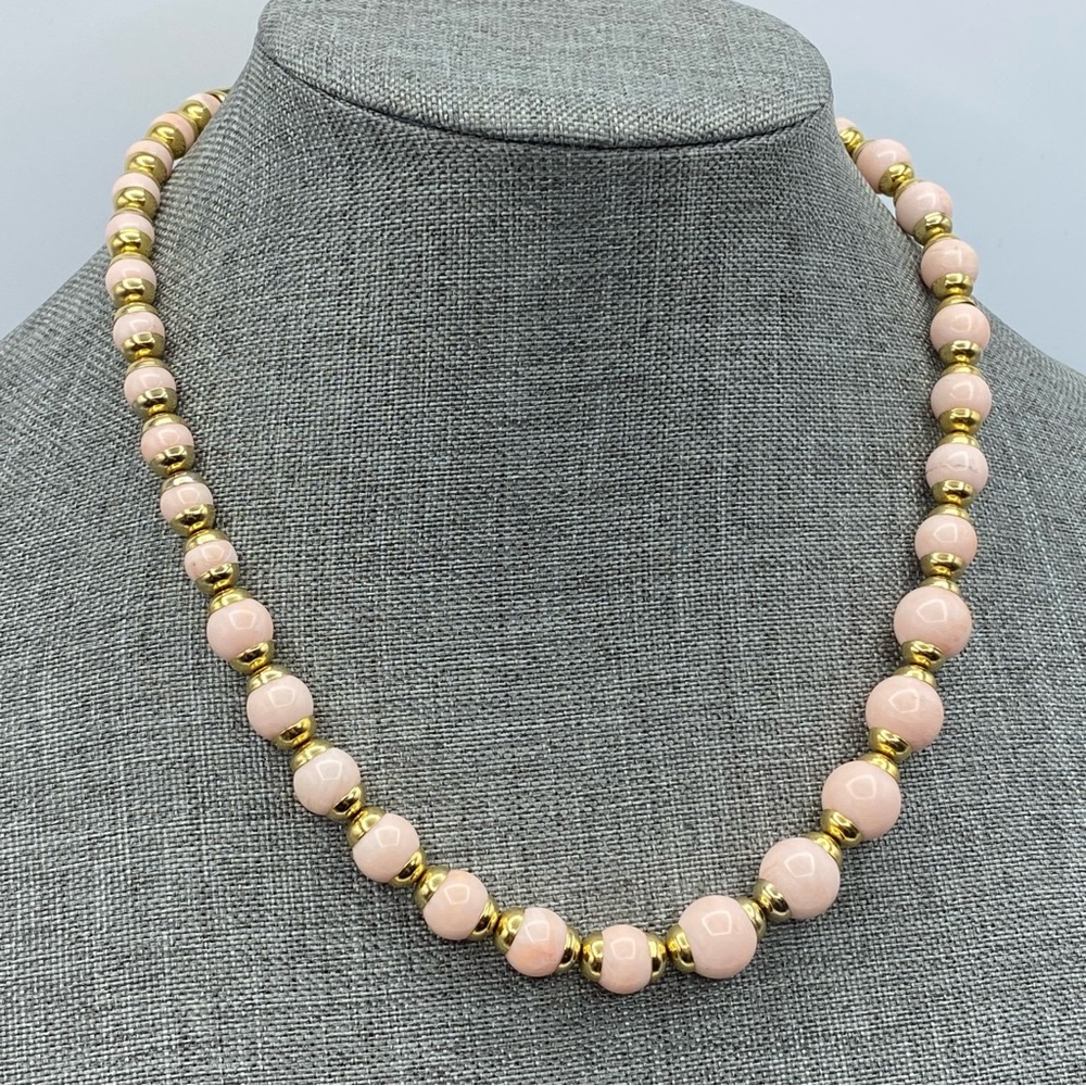 Signed Vintage Avon Pink Marbled Gold Tone Bead Necklace Graduated Acrylic Chic